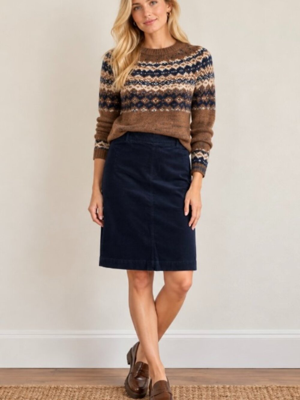 Navy Blue fine wale pull on corduroy skirt size M fall preppy
